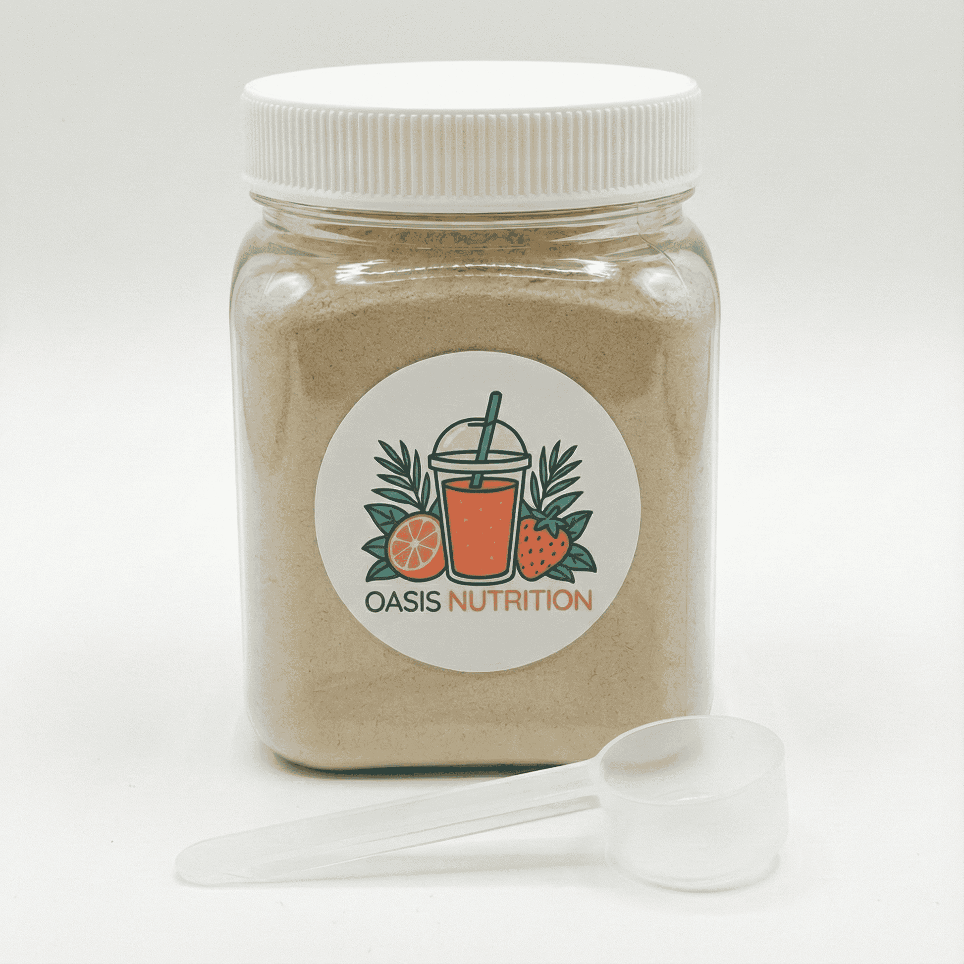 Jar of Oasis Nutrition powder with a white lid and spoon on a light gray background