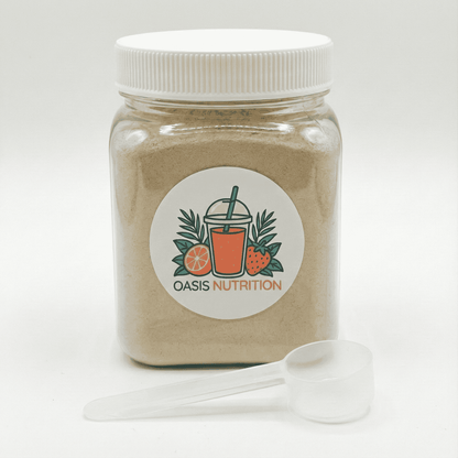 Jar of Oasis Nutrition powder with a white lid and spoon on a light gray background